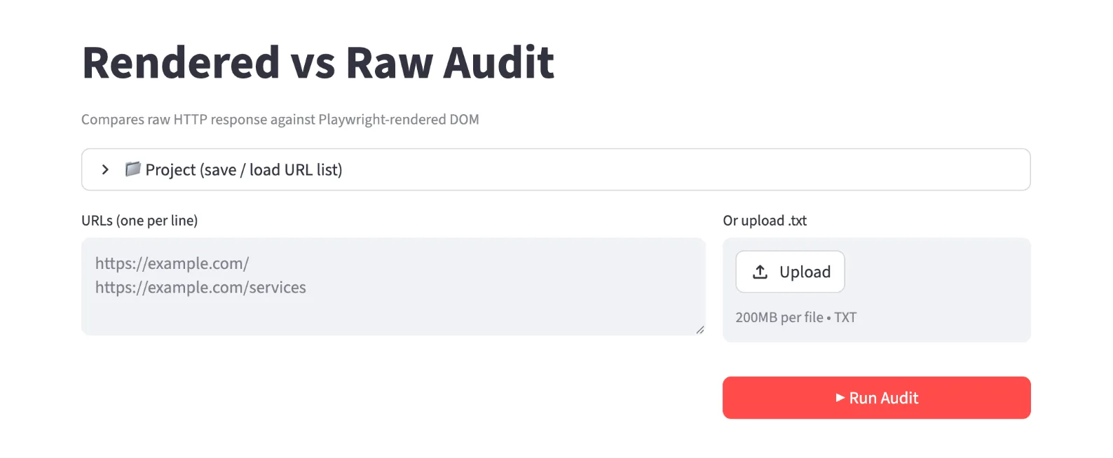 The Rendered vs Raw Audit tool comparing raw HTML against the rendered page