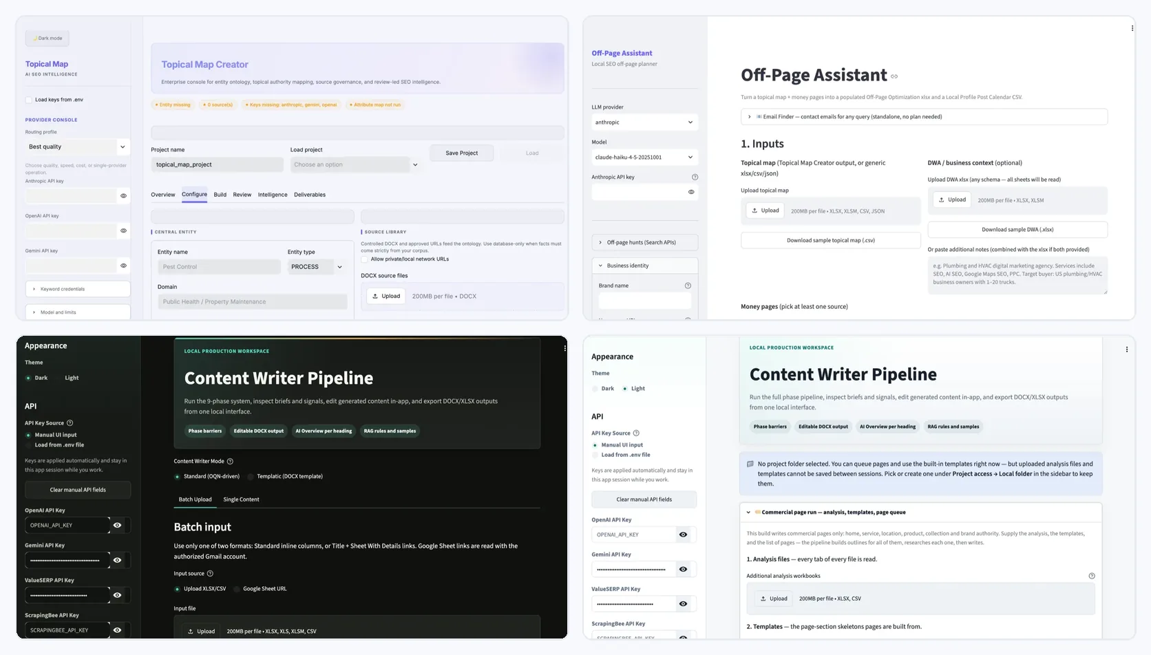 Four in-house SEO web apps: Topical Map Creator, Off-Page Assistant and two content writer pipelines