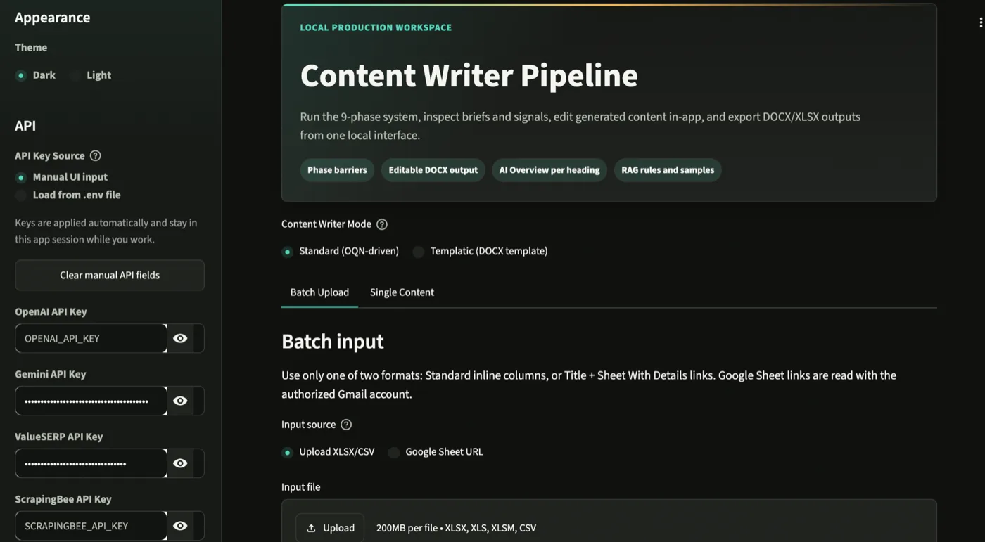 The Content Writer web app running its phased writing pipeline