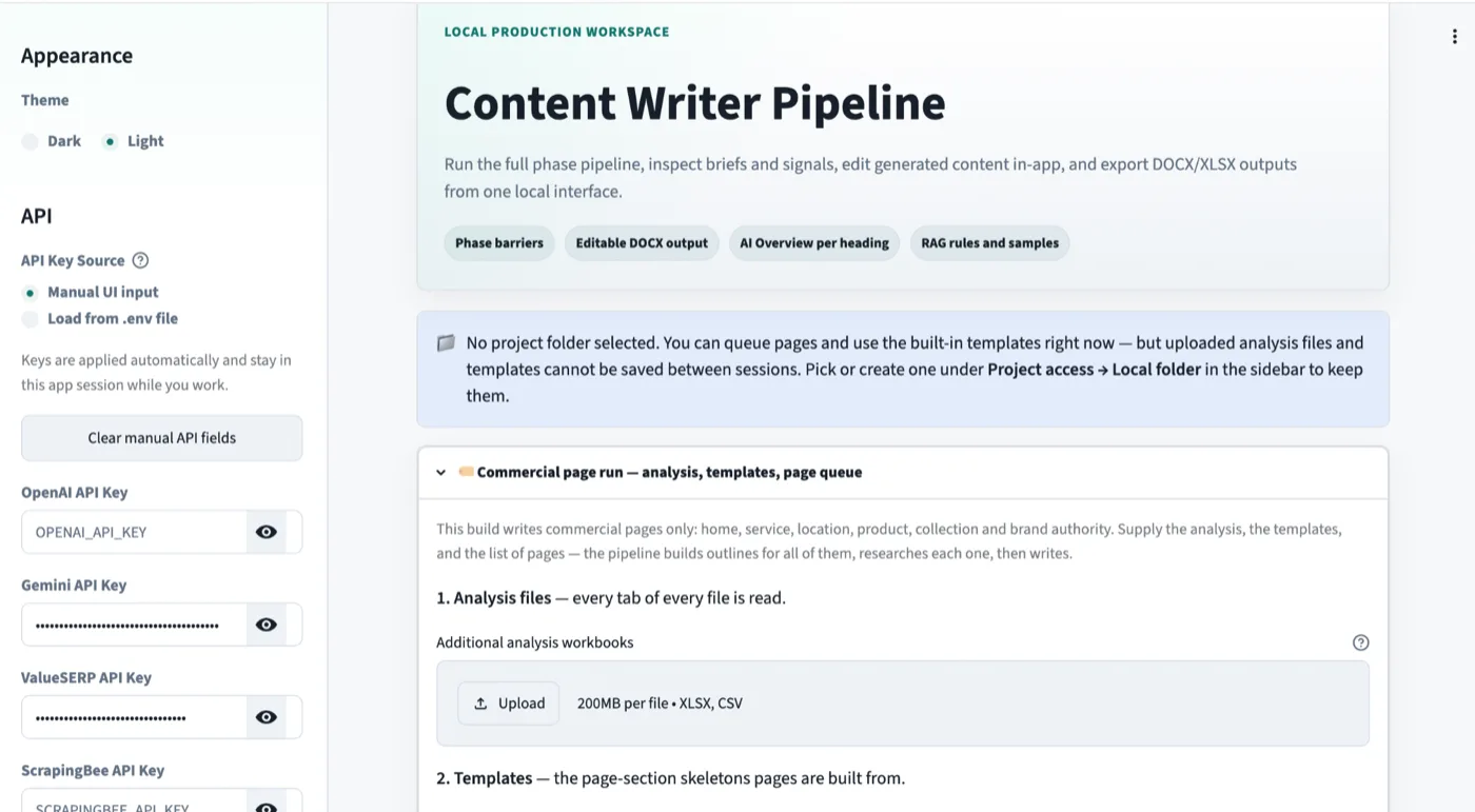 The Commercial Content Writer web app used to build service and product pages